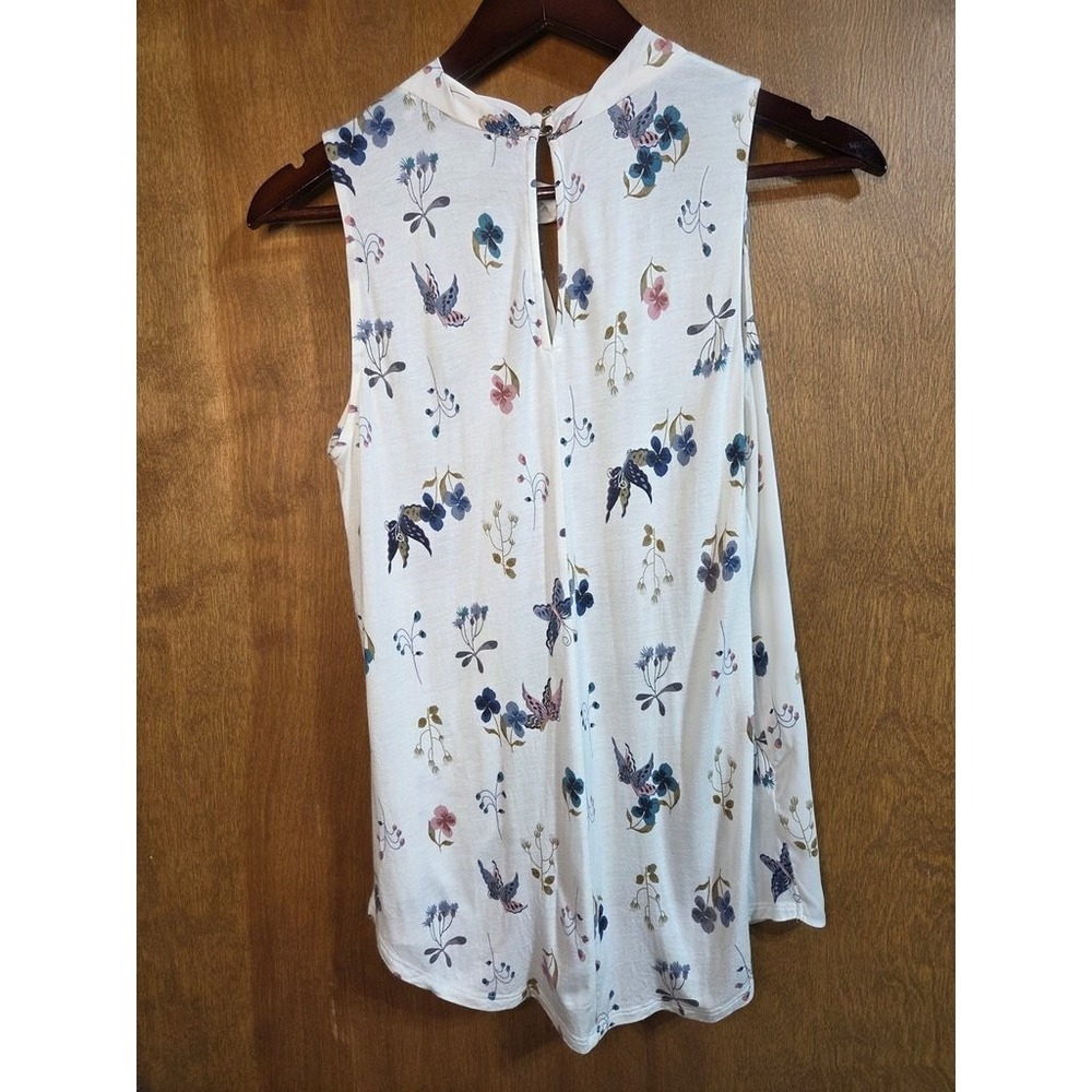 LOFT Butterfly Floral Sleeveless Blouse Top Small White Twist Neck Keyhole - Picture 4 of 4
